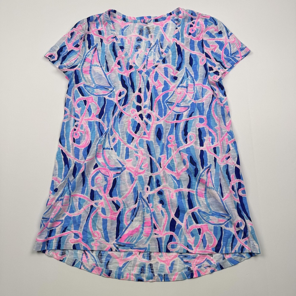Lilly Pulitzer Shirt Womens XS Blue Pink Nautical Sailboat Anchor V Neck Tunic